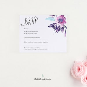 Wedding invitation stationery with watercolour purple lilac flowers & calligraphy, mauve lavender floral theme, PDF printable at home image 3