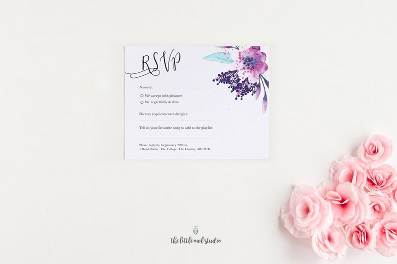 Wedding invitation stationery with watercolour purple lilac flowers & calligraphy, mauve lavender floral theme, PDF printable at home image 3