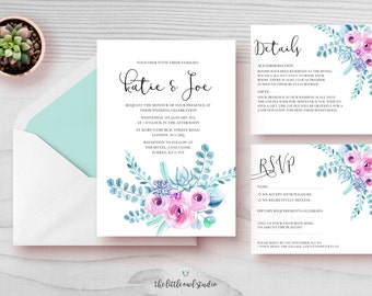 Printable succulent floral wedding invitation suite with pastel, watercolour flowers, calligraphy font in 5x7" size