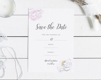 A6 Save The Date instant download with beautiful white and pink peonies in a watercolour style. Wedding stationery PDF to print at home