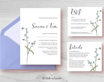 Forget Me Not Wedding Invitation Suite, printable with watercolour blue flowers and a calligraphy font, great for shabby chic wedding