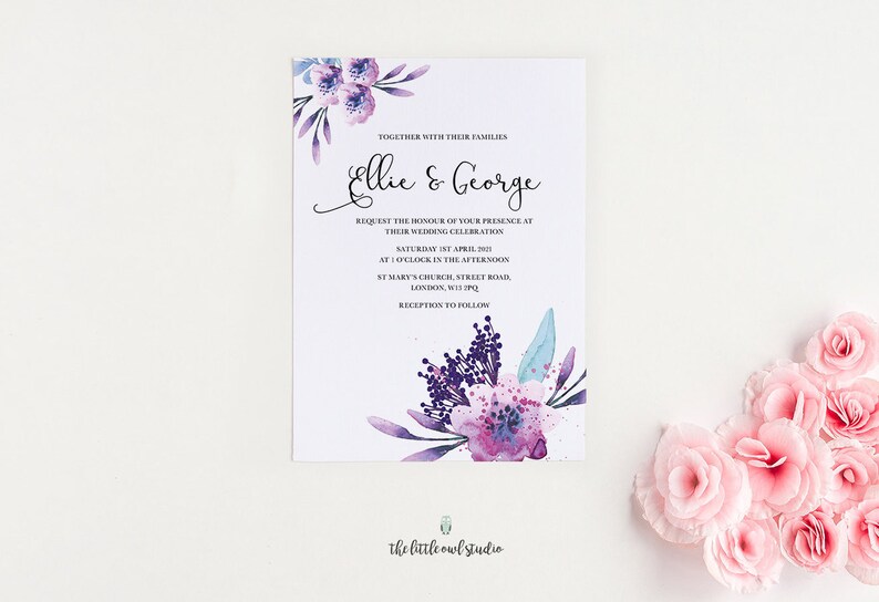 Wedding invitation stationery with watercolour purple lilac flowers & calligraphy, mauve lavender floral theme, PDF printable at home image 2