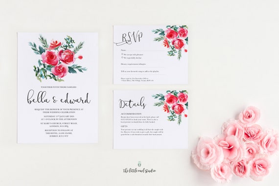 Red Roses Wedding Invitation Printable Suite With Watercolour | Etsy