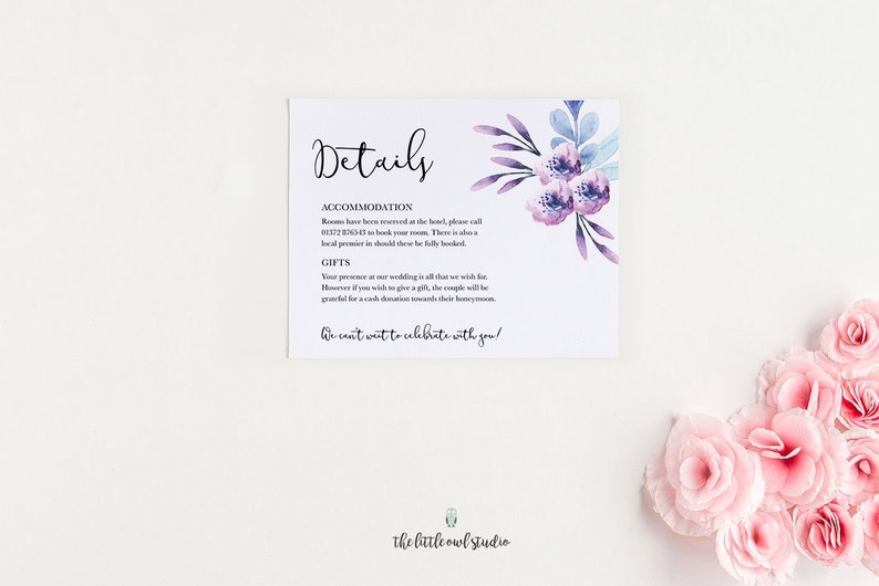 Wedding invitation stationery with watercolour purple lilac flowers & calligraphy, mauve lavender floral theme, PDF printable at home image 4