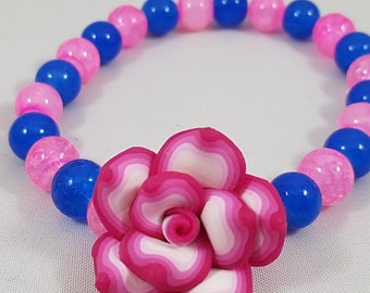 Flower pink blue beaded stretch bracelet / flower jewelry / flower girl bracelet / cute bracelet / gift for her / fairy core jewelry