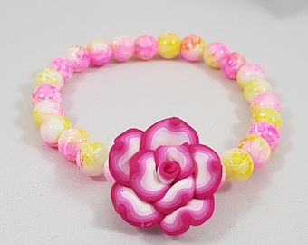 Flower pink yellow spring summer beaded stretch bracelet / flower jewelry / flower girl bracelet / happy bracelet / fairy core jewelry