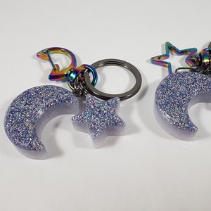Star and moon keychain / glitter keychain / star jewelry / crescent moon jewelry / gift for her / star moon key ring / unique keychain