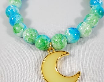 Pulsera elástica de cuentas con dije de luna amarilla / pulsera de luna / joyería de luna / pulsera colorida / pulsera elástica de cuentas / pulsera boho