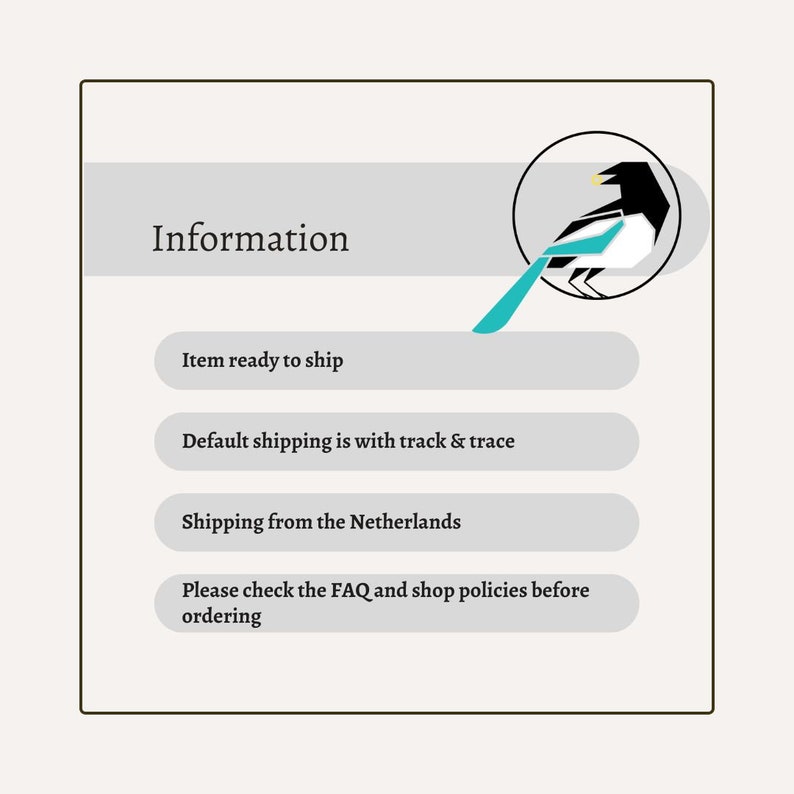 K&ouml;nnte beinhalten: Informationen zu Versand und Bestellung. Der Text lautet: "Informationen", "Artikel versandbereit", "Standardversand erfolgt mit Sendungsverfolgung", "Versand aus den Niederlanden", "Bitte &uuml;berpr&uuml;fen Sie die FAQ und die Shop-Richtlinien, bevor Sie bestellen".