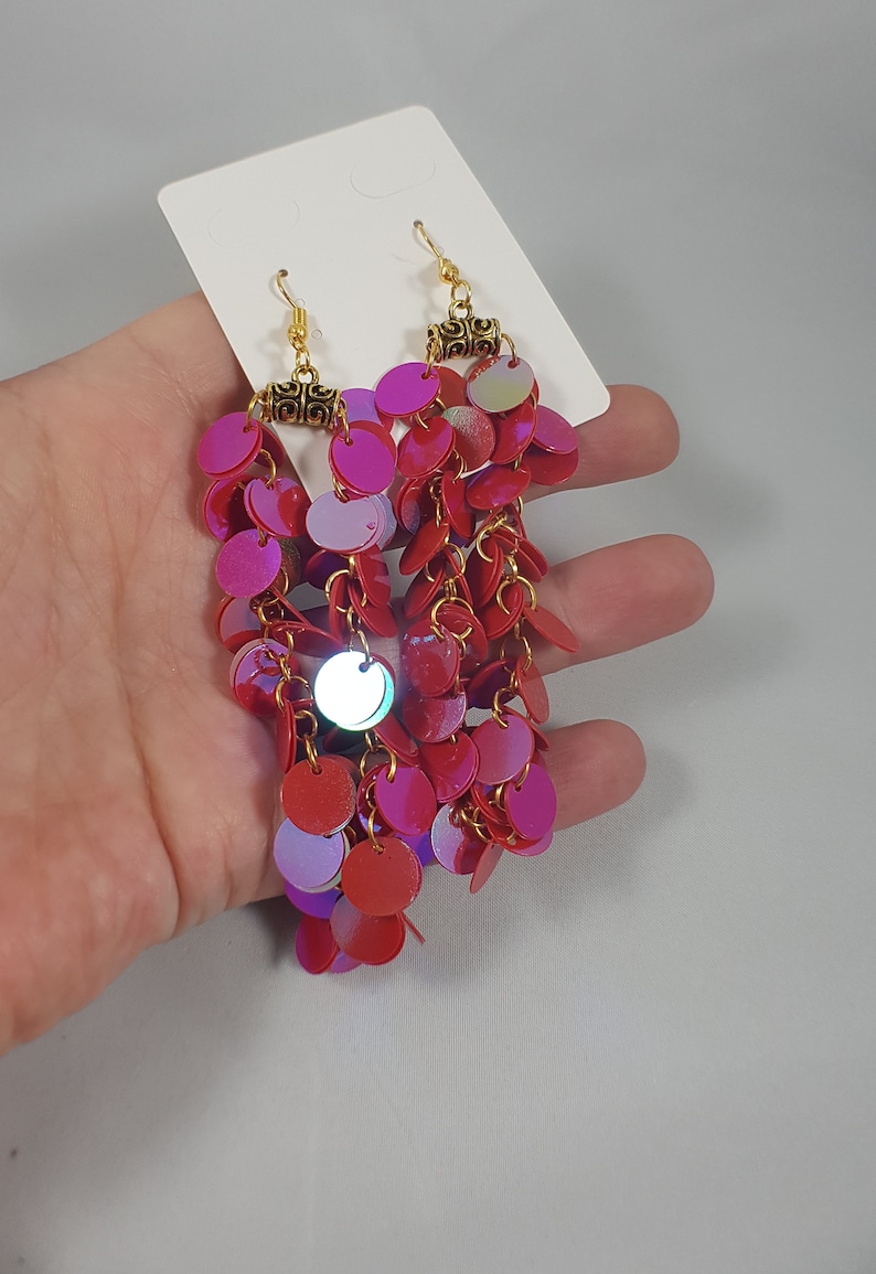 Long Evening Statement Sequin Dangle Earrings / Red Iridescent Etsy