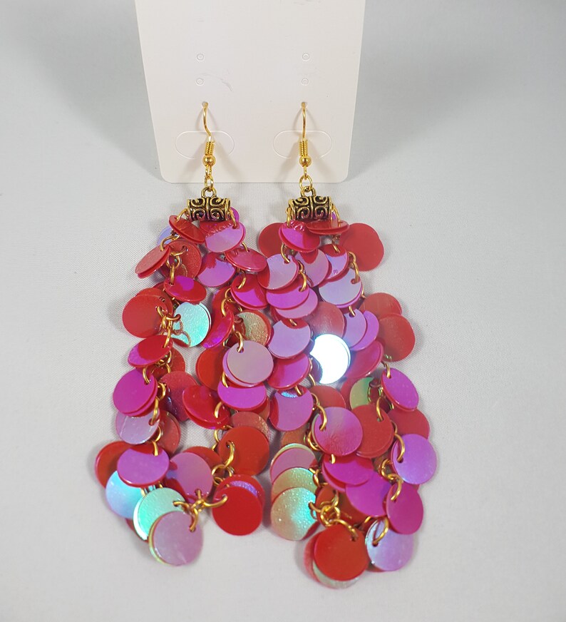 Long Evening Statement Sequin Dangle Earrings / Red Iridescent Etsy
