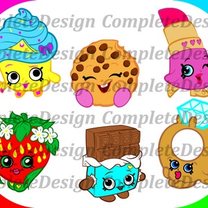 May include: A collection of cartoon food characters, including a cupcake, cookie, lipstick, strawberry, chocolate bar, and ring. Each character has a unique design with bright colors and expressive faces. The image has the text "Complete Design".