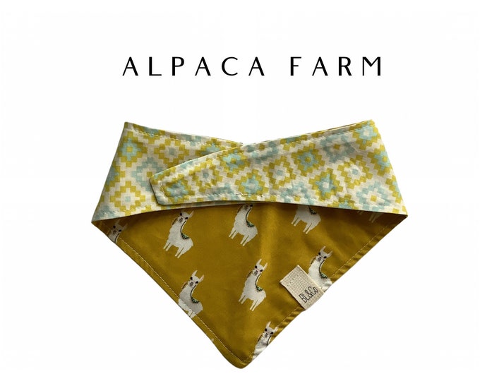 Alpacas with Citron and Blue Geometric Print Dog Bandana // Alpaca Farm : Everyday Tie/On, Reversible Bandana