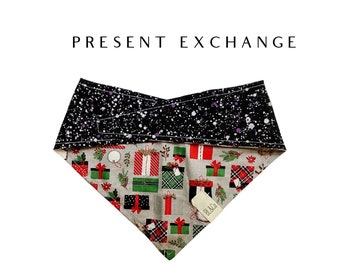Festive Christmas Gifts Dog Bandana // Present Exchange : Holiday Packages with Black Speckles Tie/On, Reversible Dog Bandana