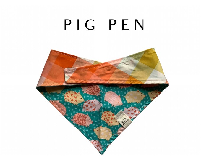 Colorful Pigs with Orange and Yellow Plaid Dog Bandana // Pig Pen : Everyday Tie/On Reversible Dog Bandana