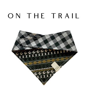 Outdoor Animal Tracks and Checkered Dog Bandana  // On The Trail : Animal Tracks & Black and Gray Large Check Tie/On, Reversible Dog Bandana