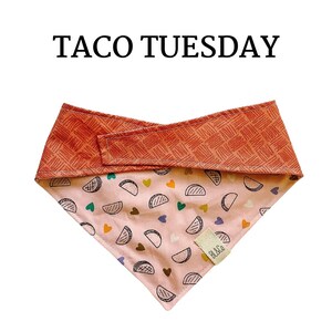 Tacos and Hearts with Clay Dog Bandana // Taco Tuesday : Mini Tacos and Clay Print Tie/On, Reversible Dog Bandana