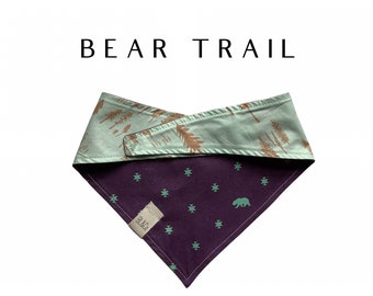 Purple Geometric and Bears with Mint Green Forest Dog Bandana // Bear Trail : Tie/On, Reversible Bandana