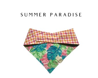 Tropical Leaves with Pink and Orange Stripes Dog Bandana // Summer Paradise Tie/On Reversible Dog Bandana