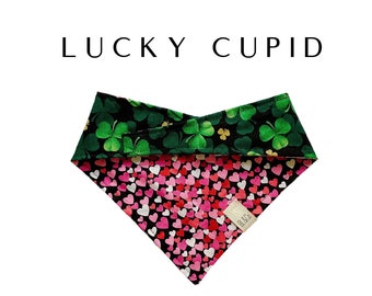 Valentine’s Day Dog // Lucky Cupid Dog Bandana // Red, Pink & White Hearts and Shamrocks Tie/On, Reversible Bandana