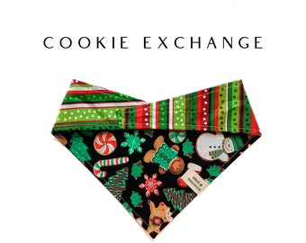Cookie Exchange : Christmas Cookies And Red and Green Stripes Tie/On, Reversible Dog Bandana