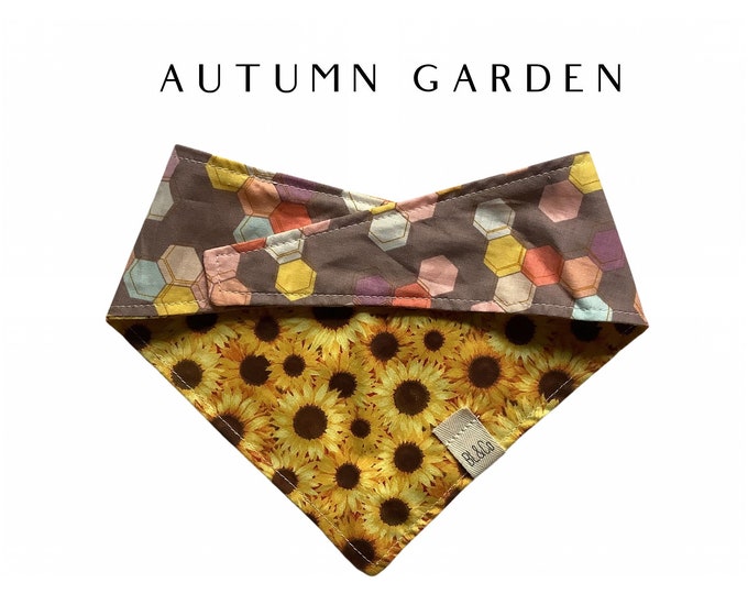 Packed Sunflowers and Gray, Yellow and Pink Honeycomb Tie/On, Reversible Dog Bandana // Autumn Garden : Floral Dog Bandana