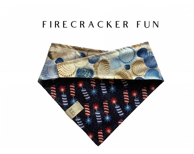 Red, White & Blue Firecrackers and Seashells Dog Bandana // Firecracker Fun : Summer Tie/On, Reversible Bandana