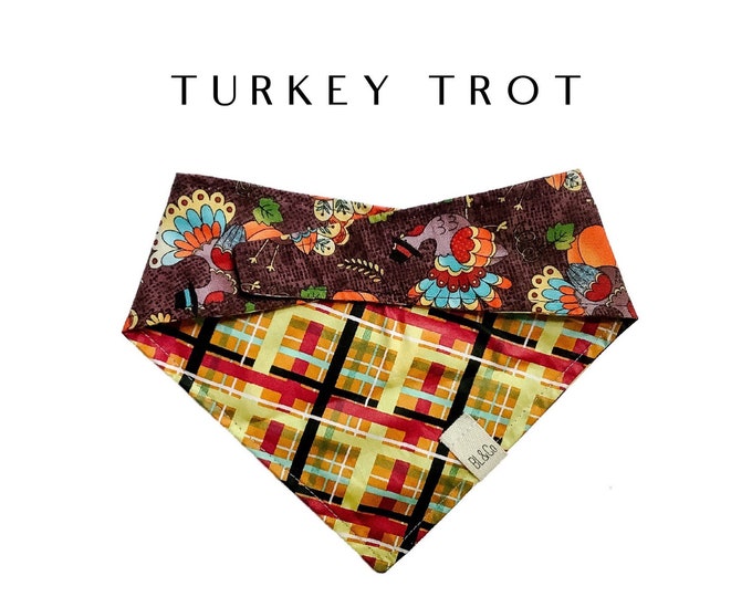 Yellow and Burgundy Plaid with Multicolored Turkey Tie/On, Reversible Dog Bandana // Turkey Trot : Thanksgiving Bandana