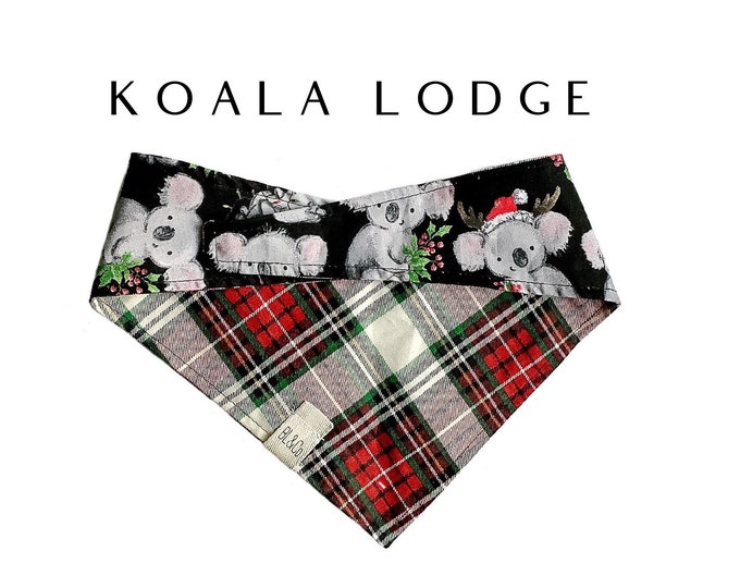 Christmas Koalas with Red Tartan Plaid Bandana // Koala Lodge : Winter Tie/On, Reversible Dog Bandana