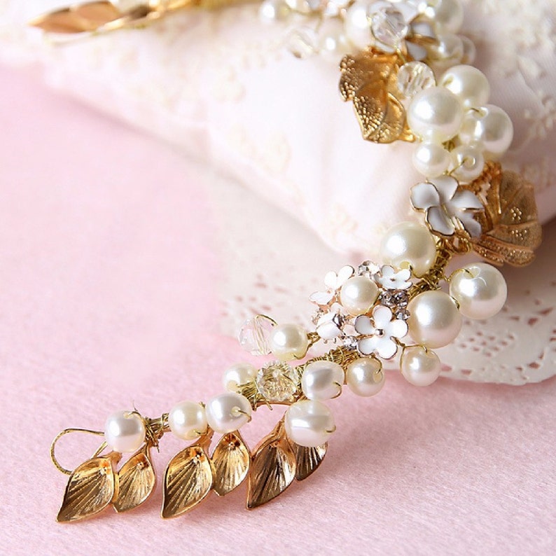 Vintage Bridal Hair Vine Leaf Headband Flower Hair Band Pearl Crystal Hair Comb Gold Wedding Tiara Rhinestone Hair Vine Crystal Hair Vine