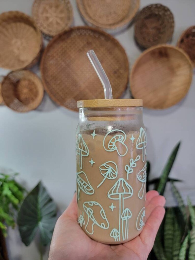 Mushroom Glass Tumbler Coffee Cup Glass Cup With Straw Etsy