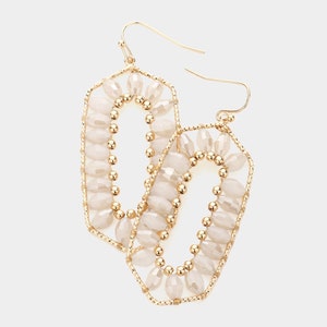 Beige Bead Rectangle Dangle Earrings, Beige gifts for her, Ivory Bead earrings, Ivory earrings, Ivory dangle earrings, Beige Jewelry, Ivory
