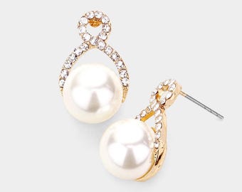 Infinity Pearl Stud Earrings, Pearl Crystal Earrings, Pearl jewelry, Pearl Prom Earring, Pearl earring,  Cream earrings, pearls for her