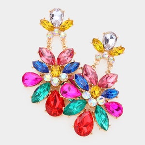 May include: A pair of dangle earrings with a floral design. The earrings are made of gold-tone metal and feature a variety of colorful gemstones, including red, pink, blue, green, and yellow.