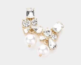 Pearl Cluster Teardrop Earrings, Pearl Crystal Earrings, Pearl jewelry, Pearl Prom Earring, Pearl Drop earring, Pearl dangle earring