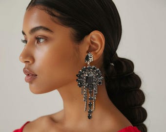 Stone Chandelier Fringe Earrings, Crystal Chandelier Earrings, Pageant Earrings, Prom Earrings, Stone Earrings, Big Earring, Fashion earring