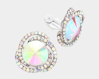 Rhinestone Round Stone clip on Earrings, gifts for her, stud earrings, Dance earrings, fashion earrings, prom earring, Homecoming Earrings,