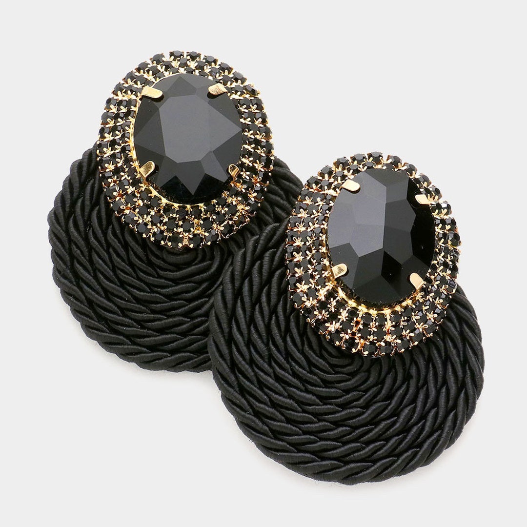 Black Oval Stone Earrings, Black Gifts for Her, Black Chord Earrings