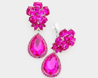 Flower Glass Teardrop Clip On Earrings, Chandelier Earrings, Pageant Earrings, Prom Earrings, fashion earrings, Crystal earring, clip on