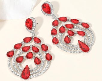 Teardrop Round Chandelier Dangle  Earrings, Chandelier Earrings, Pageant Earrings, Prom Earring, Stone Earring, Big Earring, Fashion earring