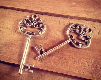 May include: Two ornate silver keys with intricate designs on a wooden surface.