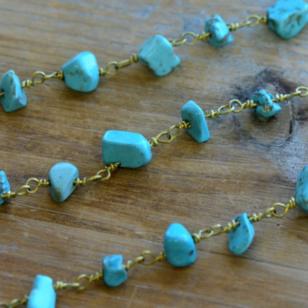 Turquoise Chip Bead Chain Turquoise Blue Beads on Antique Brass 1mm Wire Hand Made Necklace Chain Fixed Bead Rosary Chain Jewelry (EA022)