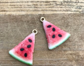 1 - Watermelon Charm - Enamel Brass Vintage Style Pendant Charms Jewelry Supplies • 24k gold dipped brass • Realistic fruit slice (AT096)