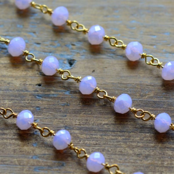 Rose Water Bead Chain Faceted 6mm Pink Beads on 24K Gold Plated 1mm Wire Hand Made Necklace Chain Fixed Bead Chain Jewelry (EA048)