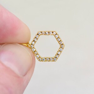 Tiny Hexagon Charm 24K Gold Plated Brass Cubic Zirconia Crystal Rhinestone Geometric Hexagon Charm Pendant Jewelry Making Supplies (AT144)