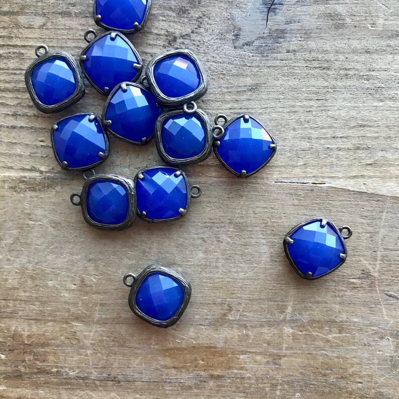 AX020 2-Square Jewel Charms ROYAL BLUE Colored Glass Drop Gem Jewels 12mm Antique Bronze Plated Brass Bezel Light Green