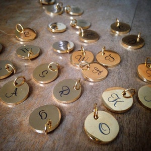 Alphabet GOLD Plated STAINLESS Steel, 15mm Round Disc Charm Charms Script Monogram Letter Letters A-Z