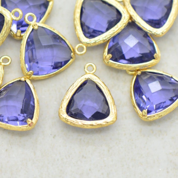 Triangle Jewel Charms TANZANITE Faceted Glass in 24k GOLD Plated Brass Setting Drop Gem Jewels 14mm Triangle Bezel Purple Stone (AX048))