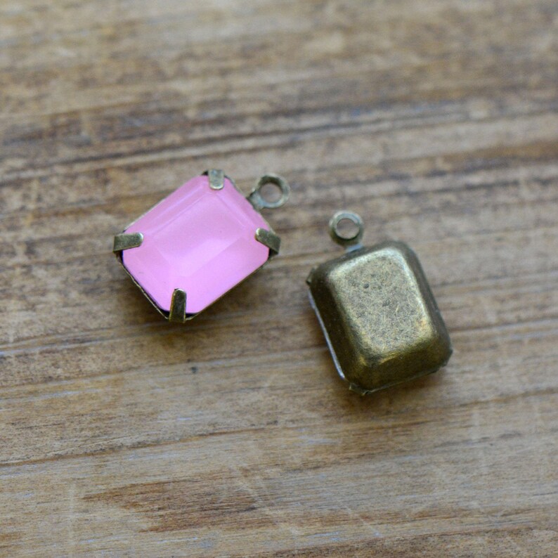 DIY 1 Small Rectangle Jewel Charm PINK Drop Gem Rectangle 8x10mm Antique Bronze Claw Setting Charms AW040 50DFL image 1