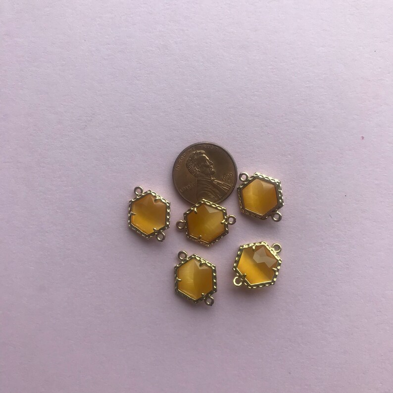 Hexagon Jewel Charm Link Yellow Faceted Glass in 24k GOLD Plated Brass Setting Drop Gem Jewels 15mm Hexagon Bezel G018